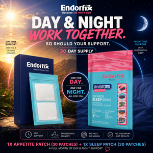 Endorfix Day & Night appetite and sleep support bundle for cats, featuring a blue 30-day appetite patch pouch and a pink and blue 30-day sleep patch pouch, set against a split sunset and starry night sky background.